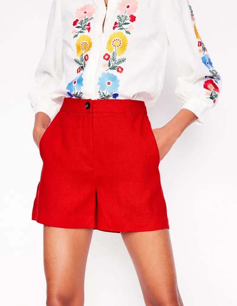 Boden Westbourne Linen Shorts UK 20 US 16-18 Red 6" Tailored High Waist Pockets